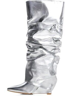 Women's Silver Covered Wedge Heel Patent Wide Calf Pointed Toe Knee High Boot
